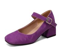 FamMe Damen Pumps mit Dicker Sohle und geschlossener Spitze, niedriger Blockabsatz, Knöchelriemen und Schnalle, Bequeme Pumps mit quadratischer Zehenpartie, Hochzeitsschuhe,Lila,36