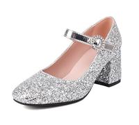 FamMe Damen Pumps mit Glitzer-Pailletten, hoher Blockabsatz, quadratische geschlossene Zehenpartie, niedriger Absatz, Knöchelriemen, Kleid, Hochzeit, Party, Mary Jane Schuhe,Silber,42