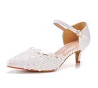 FamMe Damen Pumps mit Kitten Heel, High Heels, geschlossene Zehenpartie, Fesselriemchen, Blumenspitze, Stiletto-Absatz, Sandalen für Brautjungfern, Hochzeit, Party, Abendschuhe,Weiß,35
