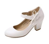 FamMe Damen Pumps mit klobigem Blockabsatz, runder geschlossener Spitze und Schleife, Knöchelriemen, PU-Leder, Mary Jane Schuhe, Hochzeit, Party, Freizeit,Weiß,39