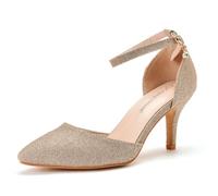 FamMe Damen-Pumps mit mittlerem Kitten-Absatz, Knöchelriemen, geschlossene Spitze Zehenpartie, Stiletto-High-Heels, Klassische Kleid-Pumps, einfache Schuhe mit Absatz für die Büroarbeit,Gold,38