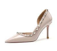 FamMe Damen-Pumps mit Nieten, seitlicher Schnitt, Nieten, Stiletto-High-Heels, spitzer Zehenbereich, Slip-On-Schuhe für Hochzeit, Abschlussball, Party,Braun,37