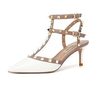 FamMe Damen-Pumps mit Nieten, Slingback-Kitten-Heels, spitzer Zehenbereich, T-Knöchelriemen, Stiletto-Sandalen, Hochzeits-Party-Kleid, Pump-Schuhe,Weiß,37