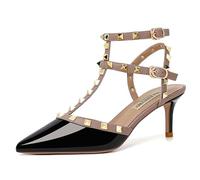 FamMe Damen-Pumps mit Nieten, Slingback-Kitten-Heels, spitzer Zehenbereich, T-Knöchelriemen, Stiletto-Sandalen, Hochzeits-Party-Kleid, Pump-Schuhe,Schwarz,38