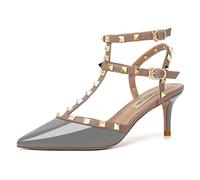 FamMe Damen-Pumps mit Nieten, Slingback-Kitten-Heels, spitzer Zehenbereich, T-Knöchelriemen, Stiletto-Sandalen, Hochzeits-Party-Kleid, Pump-Schuhe,Blau,40