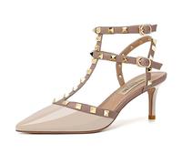 FamMe Damen-Pumps mit Nieten, Slingback-Kitten-Heels, spitzer Zehenbereich, T-Knöchelriemen, Stiletto-Sandalen, Hochzeits-Party-Kleid, Pump-Schuhe,Braun,37