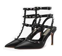 FamMe Damen-Pumps mit Nieten, spitzer Zehenbereich, Stiletto-Absatz, Nieten, T-Riemen, Knöchelriemen, Slingback-Sandalen, Lackleder, Hochzeits-Brautkleid-Schuhe,Schwarz,38