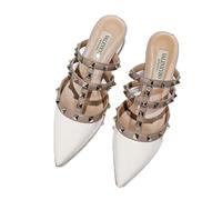 FamMe Damen-Pumps mit spitzer Zehenpartie, Blockabsatz, Nieten, Slingback, klobiger Absatz, Slip-on-Sandalen mit Nieten, Arbeits- und Party-Kleiderschuhe,Weiß,40