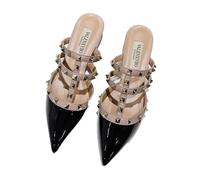 FamMe Damen-Pumps mit spitzer Zehenpartie, Blockabsatz, Nieten, Slingback, klobiger Absatz, Slip-on-Sandalen mit Nieten, Arbeits- und Party-Kleiderschuhe,Schwarz,37