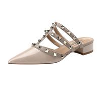 FamMe Damen-Pumps mit spitzer Zehenpartie, Blockabsatz, Nieten, Slingback, klobiger Absatz, Slip-on-Sandalen mit Nieten, Arbeits- und Party-Kleiderschuhe,Braun,39