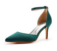 FamMe Damen-Sandalen mit Kätzchenabsatz, hohe Stiletto-Absätze, Spitze geschlossene Zehenpartie, Knöchelriemen-Absätze, Bequeme Riemchen-Kleiderschuhe, Hochzeit, Braut-Pumps,Grün,36