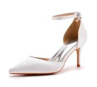 FamMe Damen-Sandalen mit Kätzchenabsatz, hohe Stiletto-Absätze, Spitze geschlossene Zehenpartie, Knöchelriemen-Absätze, Bequeme Riemchen-Kleiderschuhe, Hochzeit, Braut-Pumps,Weiß,36