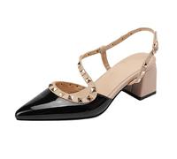 FamMe Damen Sandalen mit Nieten, hoher, klobiger, niedriger Absatz, Spitze Zehenpartie, Schnallenriemen, Slingback-Pumps, Hochzeits- und Partyschuhe,Schwarz,42