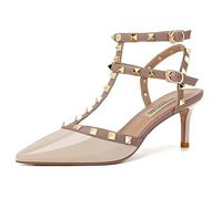 FamMe Damen-Slingback-Pumps aus Lackleder mit spitzer Zehenpartie, Stiletto-High-Heel-Sandalen mit Nieten, T-Riemen und Nieten, Hochzeitskleid-Schuhe,Braun,40