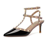 FamMe Damen-Slingback-Pumps aus Lackleder mit spitzer Zehenpartie, Stiletto-High-Heel-Sandalen mit Nieten, T-Riemen und Nieten, Hochzeitskleid-Schuhe,Schwarz,39