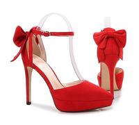 FamMe Damen Wildleder-Plateau-High-Heels mit Knöchelriemen, Spitze geschlossene Zehenpumps mit Schleife hinten, Braut-Stiletto-Absatz, Hochzeits-Party-Abendschuhe,Rot,46