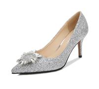 FamMe Geschlossene Damen-Pumps mit spitzer Zehenpartie, Stiletto-High-Heels, mit quadratischer Strass-Schnalle, Glitzer-Pailletten, Hochzeits-Party-Abendschuhe,Silber,38