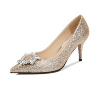 FamMe Geschlossene Damen-Pumps mit spitzer Zehenpartie, Stiletto-High-Heels, mit quadratischer Strass-Schnalle, Glitzer-Pailletten, Hochzeits-Party-Abendschuhe,Gold,44