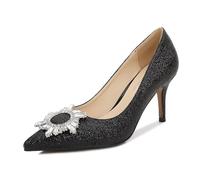 FamMe Geschlossene Damen-Pumps mit spitzer Zehenpartie, Stiletto-High-Heels, mit quadratischer Strass-Schnalle, Glitzer-Pailletten, Hochzeits-Party-Abendschuhe,Schwarz,42