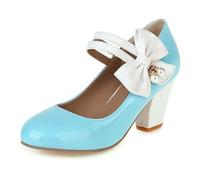 FamMe Mary-Jane-Pumps mit Schleife, doppeltem Fesselriemen, geschlossene runde Zehenpartie, klobige Pumps für Damen, bequemer Blockabsatz, niedrige Abendschuhe,Blau,44