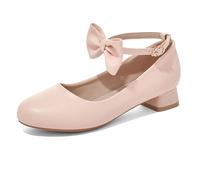 FamMe Mary-Jane-Schuhe für Damen mit Schleife und Knöchelriemen, runder geschlossener Zehenpartie, klobiger niedriger Absatz, Pumps aus Leder mit PU-Leder, Abendschuhe für Partys,Rosa,43