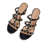 FamMe Nieten-Pumps für Damen, offene Zehenpartie, Sandalen mit Nieten, zum Hineinschlüpfen, klobiger Block-High-Heel, Slingback, Hochzeitskleid, Slipper, Slide-Schuhe,Schwarz,36