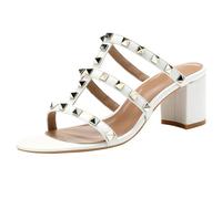 FamMe Nieten-Pumps für Damen, offene Zehenpartie, Sandalen mit Nieten, zum Hineinschlüpfen, klobiger Block-High-Heel, Slingback, Hochzeitskleid, Slipper, Slide-Schuhe,Weiß,36