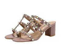 FamMe Nieten-Pumps für Damen, offene Zehenpartie, Sandalen mit Nieten, zum Hineinschlüpfen, klobiger Block-High-Heel, Slingback, Hochzeitskleid, Slipper, Slide-Schuhe,Rosa,37
