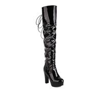 FamMe Overknee-Oberschenkelhohe Stiefel für Damen, klobige High Heels, runde Zehen, Lange Herbststiefel, Lackleder-Schnürschuhe,Schwarz,42