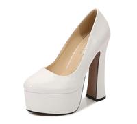 FamMe Plateau-Absätze für Damen, rund, geschlossener Zehenbereich, klobiger Blockabsatz, Slip-on-Plateau-High-Heels, Damen-Pumps für Hochzeit und Party,Weiß,43