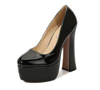 FamMe Plateau-Absätze für Damen, rund, geschlossener Zehenbereich, klobiger Blockabsatz, Slip-on-Plateau-High-Heels, Damen-Pumps für Hochzeit und Party,Schwarz,46