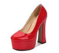 FamMe Plateau-Absätze für Damen, rund, geschlossener Zehenbereich, klobiger Blockabsatz, Slip-on-Plateau-High-Heels, Damen-Pumps für Hochzeit und Party,Rot,38