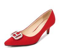 FamMe Pumps für Damen, Wildleder-Pumps mit Kitten-Absatz, Spitze Zehenschuhe, Slip-on-High-Heel, mit quadratischer Strass-Schnalle für das Büro,Rot,38