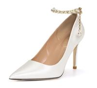FamMe Pumps mit Fesselriemchen und Perlen für Damen, Spitze Zehenpartie, geschlossene Zehenpartie, Stiletto-High-Heels, Satin, Hochzeits-, Party- und Brautschuhe,Weiß,41