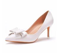 FamMe Pumps mit Schleife für Damen, geschlossene Spitze Zehenpartie, hoher Stilettoabsatz, Schlupfschuhe für Hochzeit, Braut, Abendparty,Weiß,39