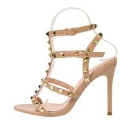 FamMe Sandalen mit Nieten für Damen, mit Nieten besetzt, offener Zehenbereich, Fesselriemen, 9,4 cm Stilettoabsatz, eleganter Pumps für Hochzeitsfeiern,Beige,35