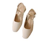 FamMe Slingback-Pumps für Damen aus PU-Leder, geschlossene quadratische Zehenpartie, klobiger niedriger Absatz, Bequeme, lässige Mary-Jane-Abendschuhe,Beige,39