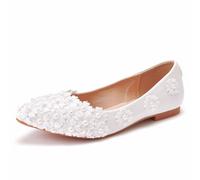 FamMe Spitzenperlen-Hochzeitsschuhe, Brautschuhe, Damen-Flachschuhe, geschlossene Spitze Zehenpartie, Slip-On-Pumps, Ballerinas mit flachem Absatz,Weiß,41