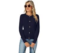 Famrrifuu Damen Strickjacke mit Knöpfen Rundhals Kurze Cardigan Pullover Langarm Elegante Jacke Lässige Offene Front Strickjacken, Blau, M
