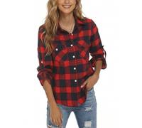 Famrrifuu Karierte Bluse Damen Langarm Karobluse Flanell Knopfleiste Leichte Casual Hemd Bluse für Freizeit und Oktoberfest, Rot Blau, M