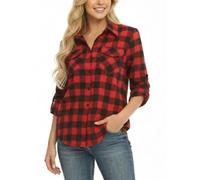 Famrrifuu Karierte Bluse Damen Langarm Karobluse Flanell Knopfleiste Leichte Casual Hemd Bluse für Freizeit und Oktoberfest, Rot Schwarz, L