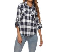 Famrrifuu Karierte Bluse Damen Langarm Karobluse Flanell Knopfleiste Leichte Casual Hemd Blusen mit Button-down-Kragen, Weiß Navy, L