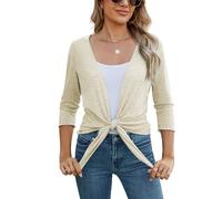 Famulily 3/4 Ärmel Beige Bolero für Damen Krawatte Vorderseite Sommer Sheer Cardigan Shrug Tops (S, Beige)