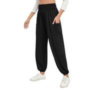 Famulily Damen Bequeme Stretch Plain Lounge Bottoms Smocked High Rise Harem Pyjama Hose mit Taschen Schwarz XL