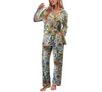 Famulily Damen Schlafanzug Set Button Down 2 Stück Floral Lounge Sets Sexy V-Ausschnitt Oversized Sleepwear mit Taschen Gelb XXL