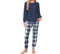 Famulily Schlafanzug Damen Lang Pyjama Set Fleece Karo Nachtwäsche mit Taschen 2 Stück Frauen Winter Langarm Bequem Lounge Freizeitanzug Navyblau L