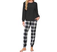 Famulily Schlafanzug Damen Lang Pyjama Zweiteiliger Warme Winter Fleece Nachtwäsche Frauen Rundhals Karo Schlafanzüge Set mit Bündchen Schwarz M