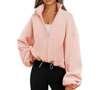 Famulily Sweatjacke Damen Ohne Kapuze Langarm Mock Neck Jacken Cozy Streetwear Y2K Sherpa Sweater Tops Rosa XL