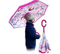 FamZone Kinderregenschirm Mädchen, Umkehr Regenschirm für Kinder mit tollem Einhorn Motiv, Ø 78 cm, Polyester, Kleiner Stockschirm, Rosa, Pink, Doppellagiger Umkehrschirm (4-8 Jahre)