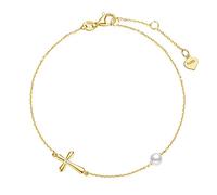 FANCIME Armband für Damen mit Kreuz Anhänger aus 14 Karat 585 Gelb Gold Charm Perlen Armkette Schmuck Geschenk für Mädchen Kinder, Armbandlänge 17+3 cm